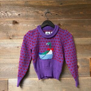 Vintage Eagles Eye Sweater Girls S 7/8 Valentine’s Day Duck Hearts Cottagecore